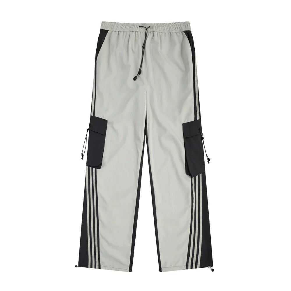 Men Sweatpants Contrast Color Striped Multi-Pocket Workwear Casual Pants Loose Straight Wide Leg Pants Men Sports Jogger Pants