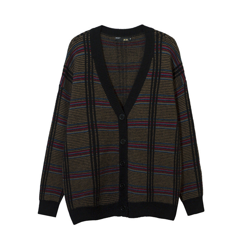 Women Sweater Loose Cardigan Coat Splicing Knitwear
