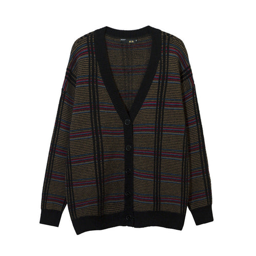 Women Sweater Loose Cardigan Coat Splicing Knitwear