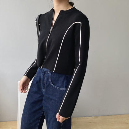 Women Cardigan Sweater Zipper Short Jacket Knitted Hong Kong Style Sweater Coat 20238t7217