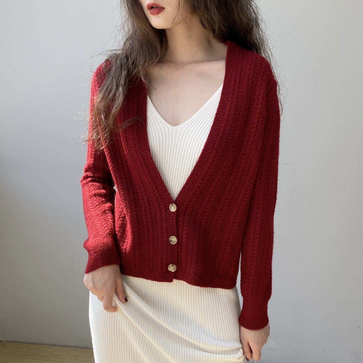 Women Cardigan Sweater Autumn Winter Retro Twist Knitted Cardigan Jacket V-neck Long Sleeve Sweater 8t3102