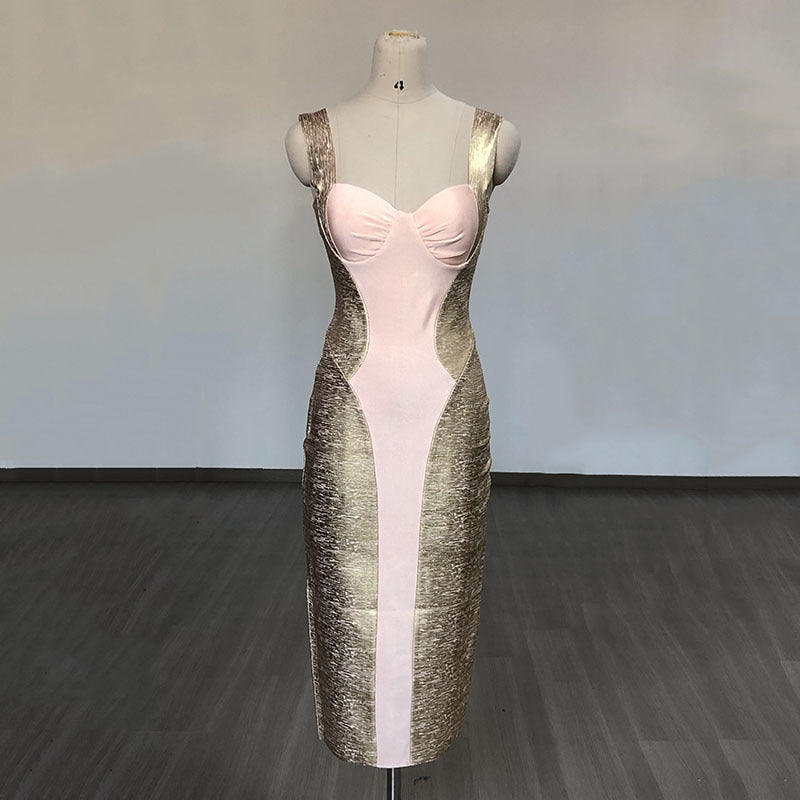 Women Evening Dress Backless Strap Bronzing Evening Dress Sexy Bandage One-Piece Dress