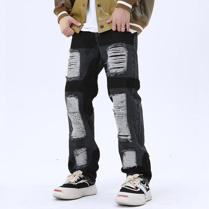 Men Jeans Stitching Ripped Leisure Wide Leg