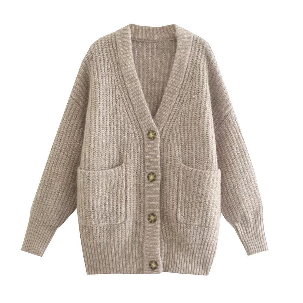 Women Sweater Knitwear Winter Pocket Decoration Thick Mid-Length Knitted Cardigan Jacket