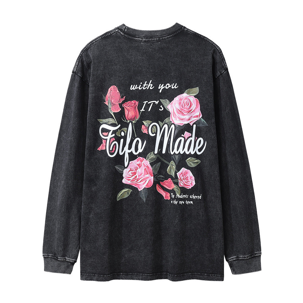 Men Long Sleeve T-Shirt Rose Pattern Loose Casual Distressed