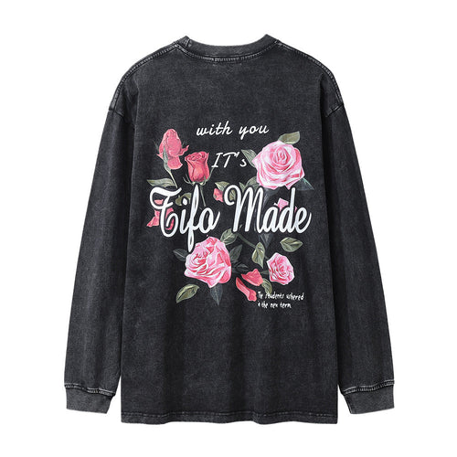 Men Long Sleeve T-Shirt Rose Pattern Loose Casual Distressed