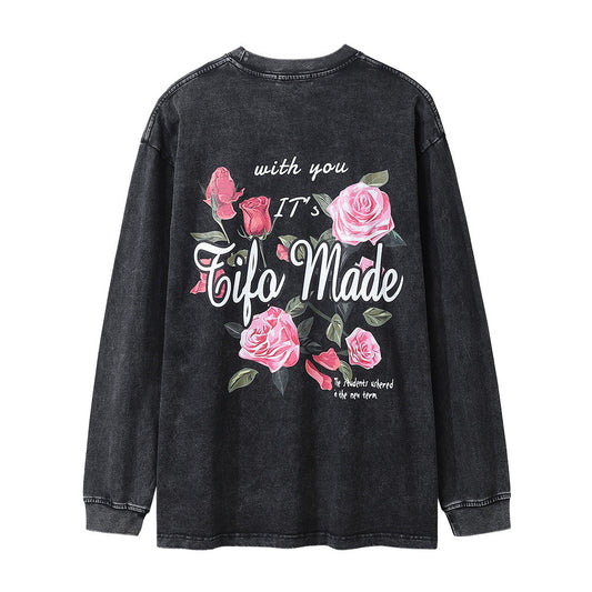 Men Long Sleeve T-Shirt Rose Pattern Loose Casual Distressed