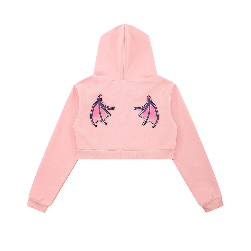 Women Hoodie Retro Sweet and Spicy Hooded Sweater Women's Spring and Autumn Devil Wings Short Top