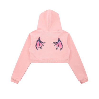 Women Hoodie Retro Sweet and Spicy Hooded Sweater Women's Spring and Autumn Devil Wings Short Top