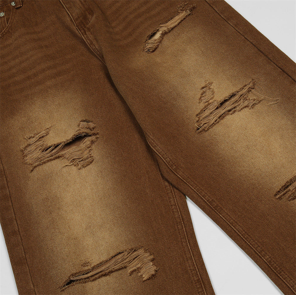 Men Jeans Ripped Distressed Loose Casual Straight Wide Leg