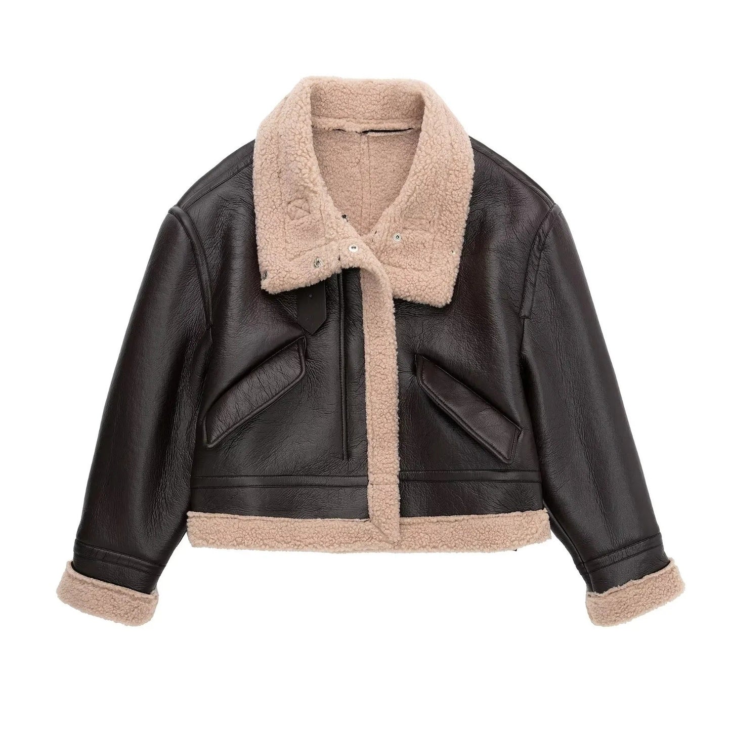 Women Cotton Coat Thickened Lamb Wool PU Leather Jacket