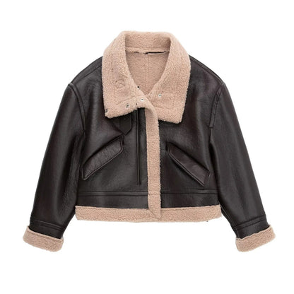 Women Cotton Coat Thickened Lamb Wool PU Leather Jacket