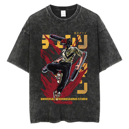 Anime Chainsaw Men Washed Tshirt Retro Hip Hop Streetwear