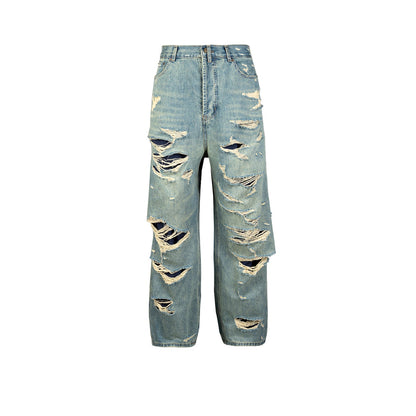 MIJKO Men's Vintage Pants MIJKO Men's Women's Bar Flavor Double Tassel Destroying Beggar Style Jeans