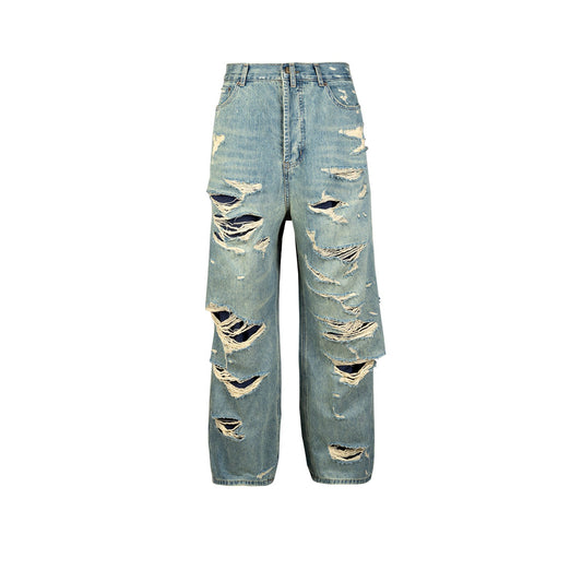 MIJKO Men's Vintage Pants MIJKO Men's Women's Bar Flavor Double Tassel Destroying Beggar Style Jeans