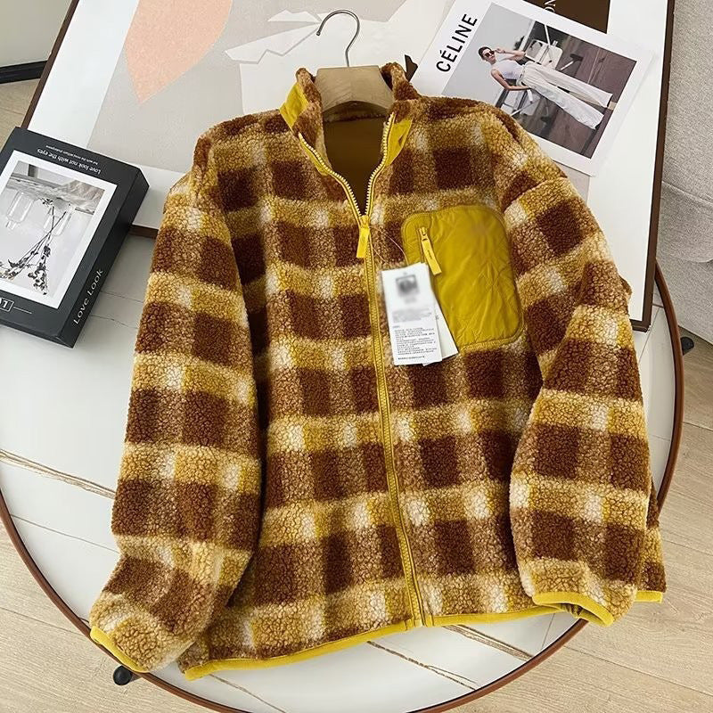 Women Cotton Coat Couple's Polar Fleece Stand Collar Plaid Jacket