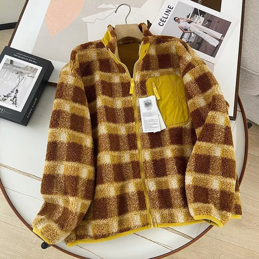 Women Cotton Coat Couple's Polar Fleece Stand Collar Plaid Jacket