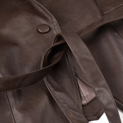 Women Tops Spring Retro Coffee Color Brown Leather Coat V-neck Lace-up Top