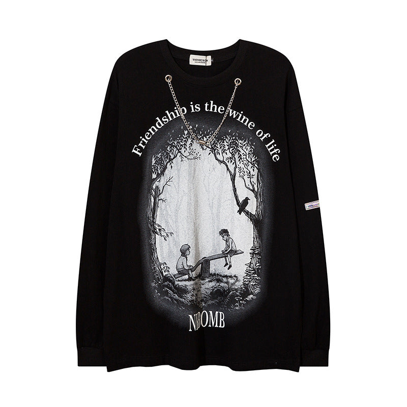 Men Long Sleeve T-Shirt Childhood Scene Necklace Decoration