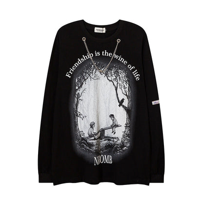 Men Long Sleeve T-Shirt Childhood Scene Necklace Decoration