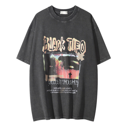 Men Vintage T-Shirt Printed Short-Sleeved T-shirt Washed Distressed Crew Neck Casual T-shirt