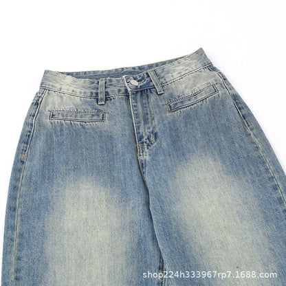 Women Pants Washed Jeans Straight Wide Leg Pants Loose Trousers