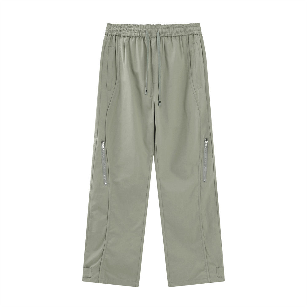 Men Sweatpants Zipper Casual Pants Men's Summer Loose Pure Cotton Straight Wide Leg Pants