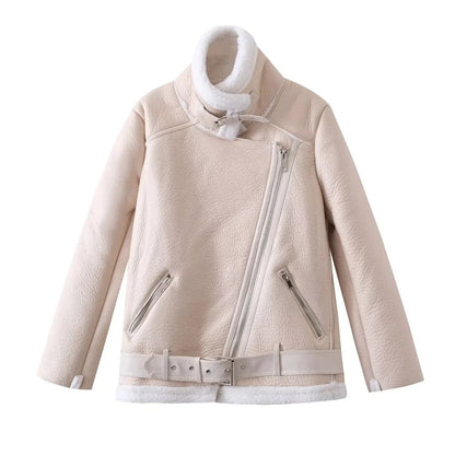 Women Cotton Coat Lamb Wool Thickened Warm Leather Coat