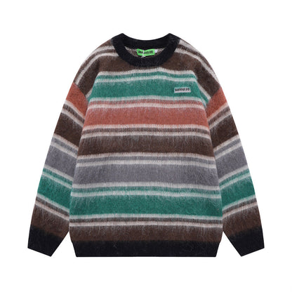 Men Sweater Striped Crew Neck Sweater Loose Knit Shirt
