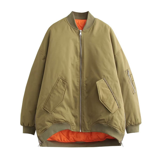 Women Cotton Coat Stand Collar Zipper Jacket Loose