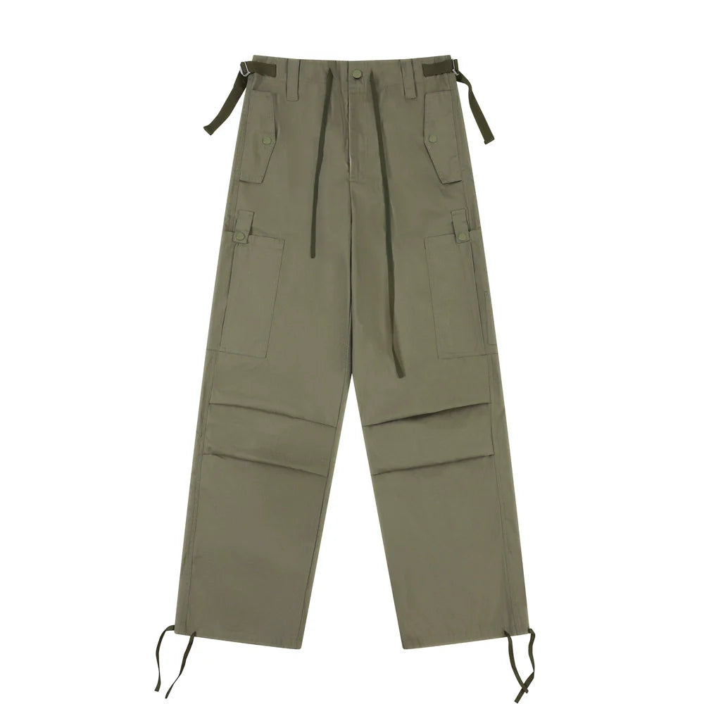 Men Sweatpants Casual Straight Trousers Loose Cargo Pleated Drawstring Ankle Banded Pants