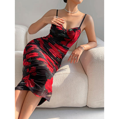 Women Party Tops Sexy Mesh Camisole Pleated Retro Dress