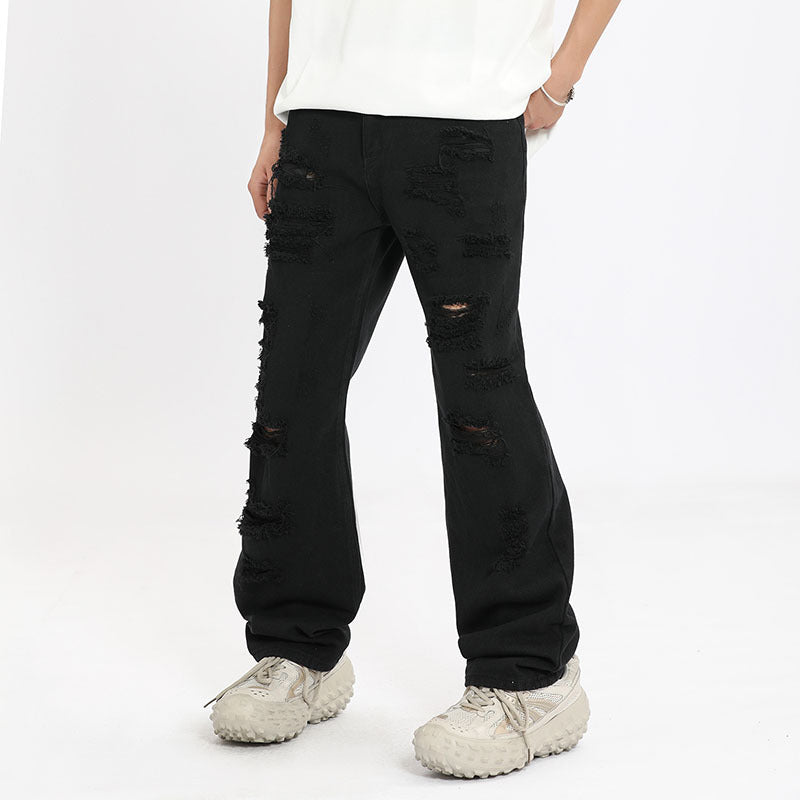 Men Jeans Ripped Jeans Vintage Distressed Straight-Leg Denim Trousers