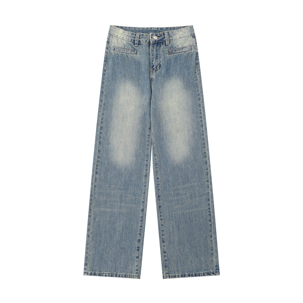 Women Pants Washed Jeans Straight Wide Leg Pants Loose Trousers