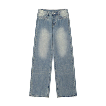 Women Pants Washed Jeans Straight Wide Leg Pants Loose Trousers