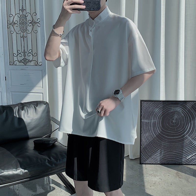 Men Shirts Solid Color Loose Summer Ice Silk