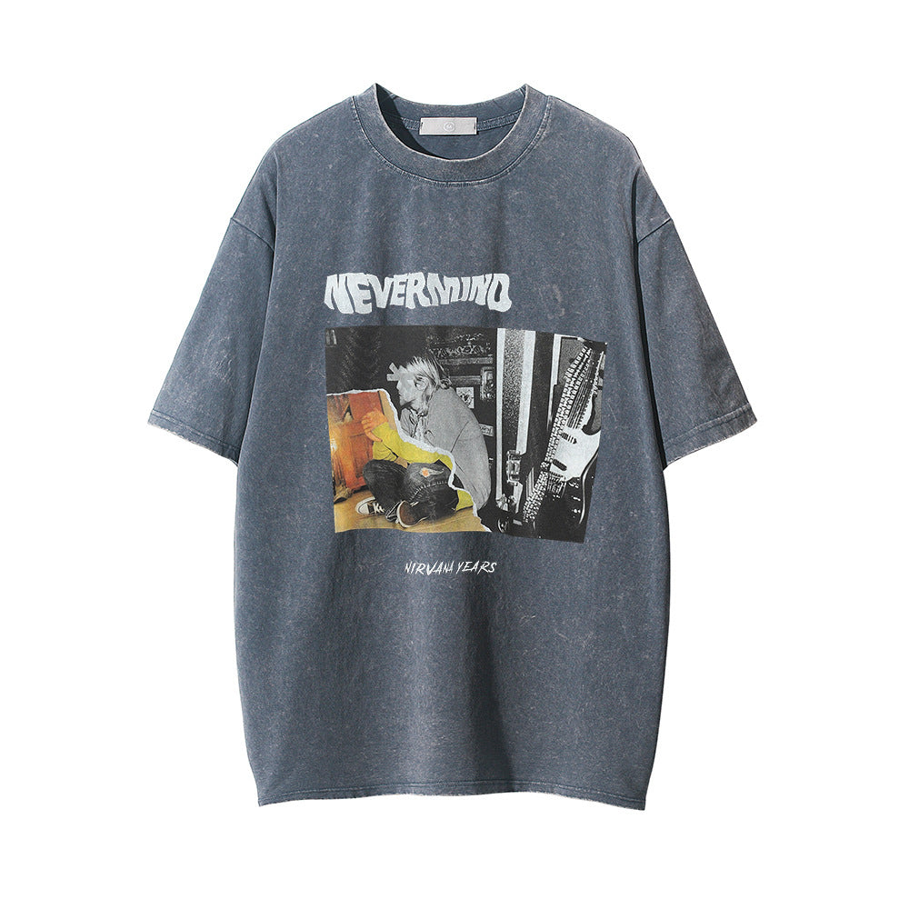 Men Vintage T-Shirt Character Printed Washed Distressed Short-Sleeved T-shirt Men's Loose round Neck Ins Summer