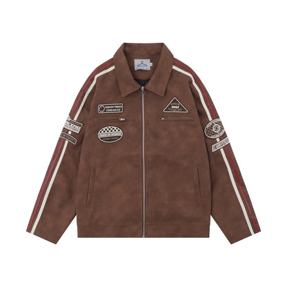 Men Jacket Coat PU Leather Jacket Men's Striped Stitching Long Sleeve Pilot