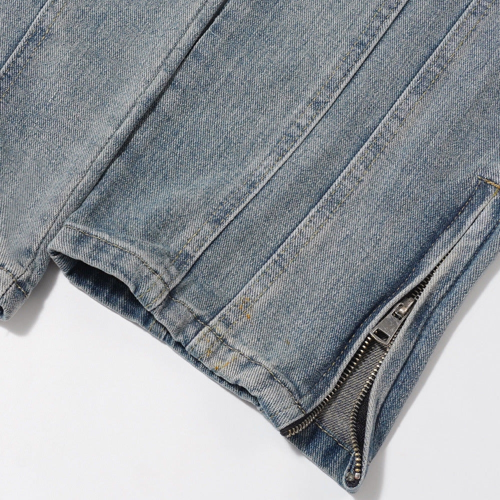 Men Jeans White Distressed Stitching Zipper Slit