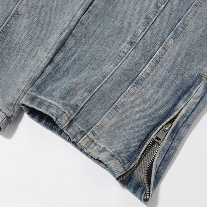 Men Jeans White Distressed Stitching Zipper Slit