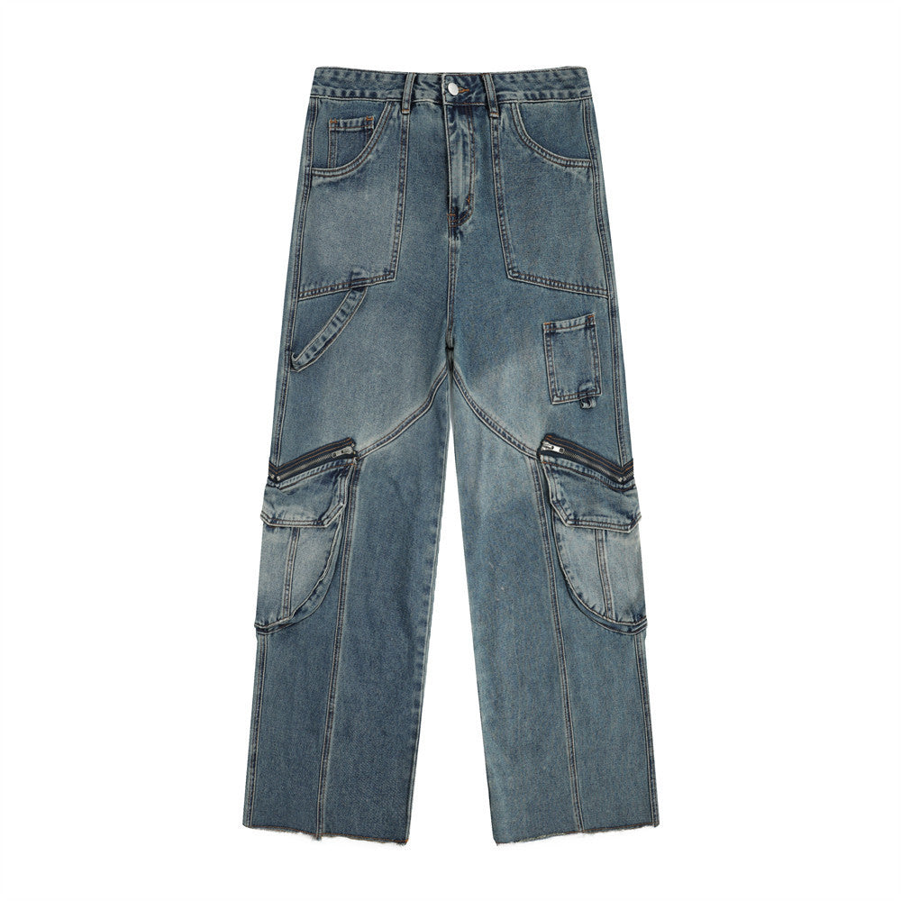Women Pants Multi-Pocket Jeans Loose Cargo Straight-Leg Pants