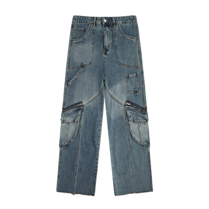 Women Pants Multi-Pocket Jeans Loose Cargo Straight-Leg Pants