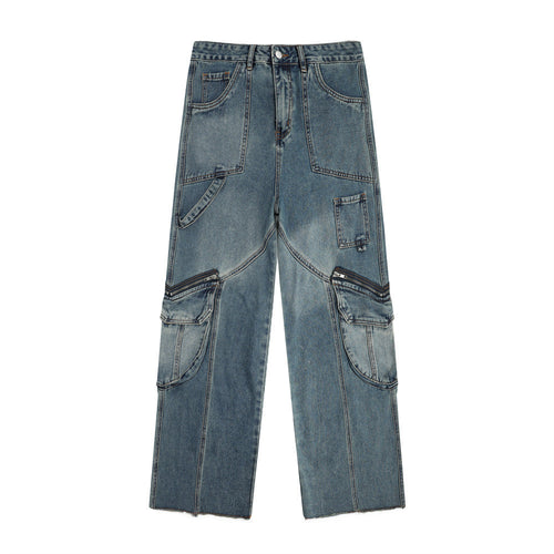 Women Pants Multi-Pocket Jeans Loose Cargo Straight-Leg Pants