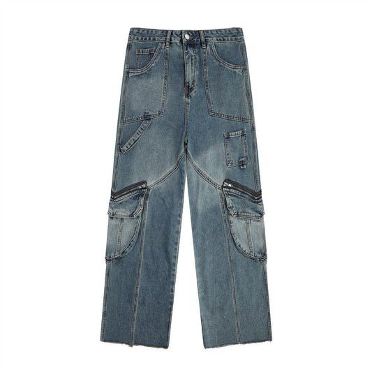 Women Pants Multi-Pocket Jeans Loose Cargo Straight-Leg Pants