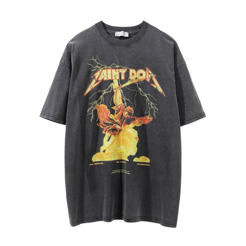 Men Vintage T-Shirt Printed Short-Sleeved T-shirt Men's Distressed round Summer Loose