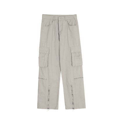 Men Jeans Multi-Pocket Workwear Loose Stitching Zipper Slit