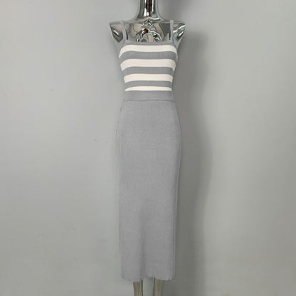 Women Vest Suspenders Knit Two-Piece Suit Striped Vest Skirt