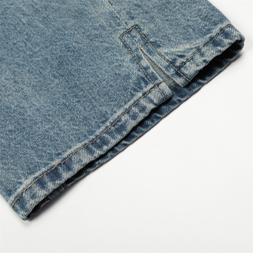 Men Jeans Solid Color Loose Distressed Wide Leg Leisure