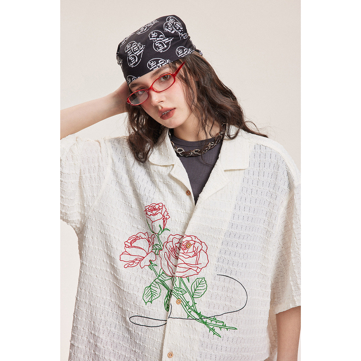 Unisex Shirt Loose Vacation Rose Embroidered Coat