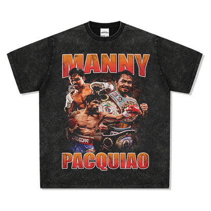 Mens Vintage Boxer T-Shirt Manny Pacquiao Pac Men Printed Short Sleeve T-Shirt Washed Top